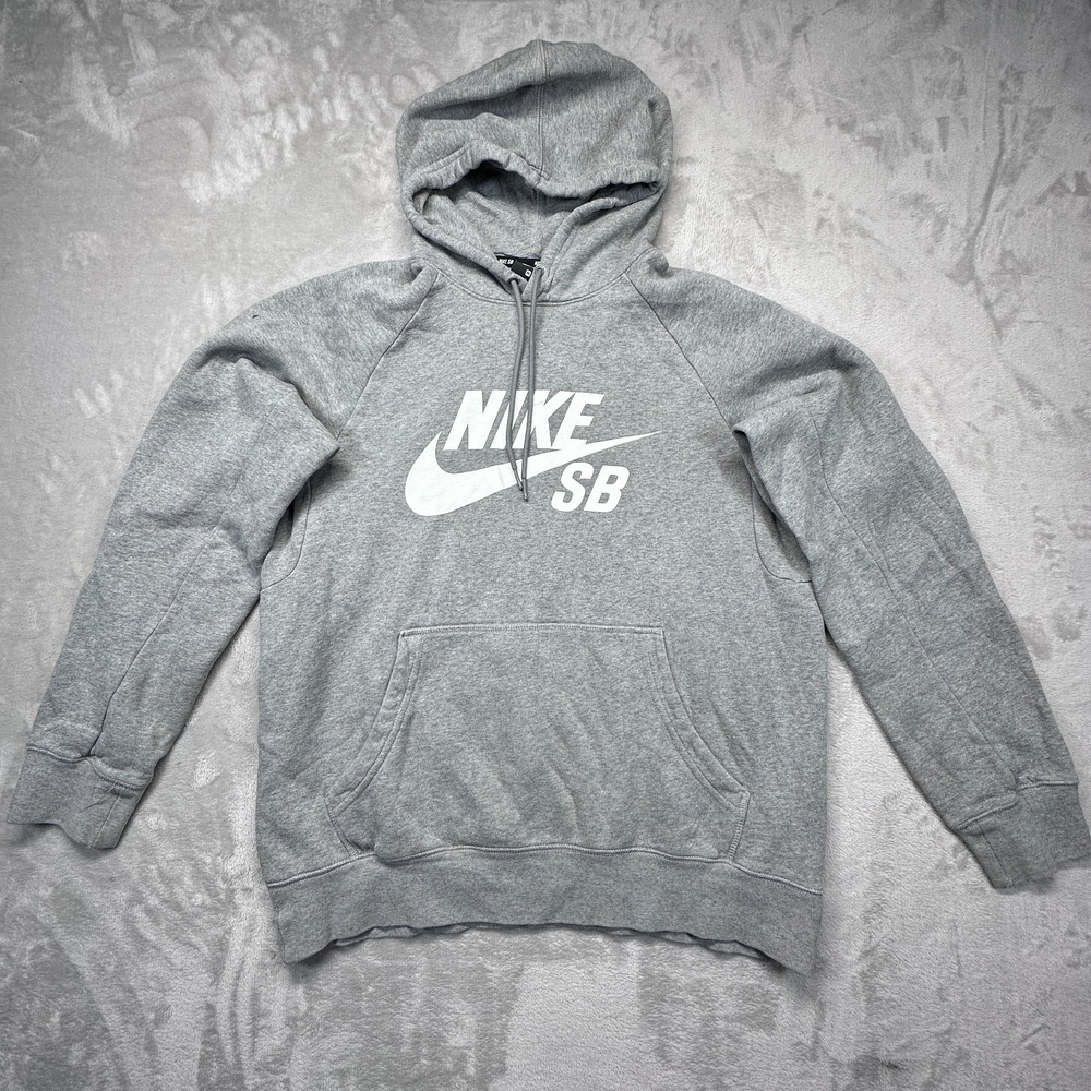 Nike SB Icon Mens Medium Gray Cotton Big Swoosh Logo Fleece Hoodie Sweatshirt